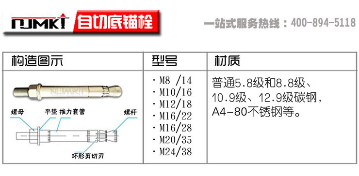 自擴(kuò)切底錨栓型號(hào)